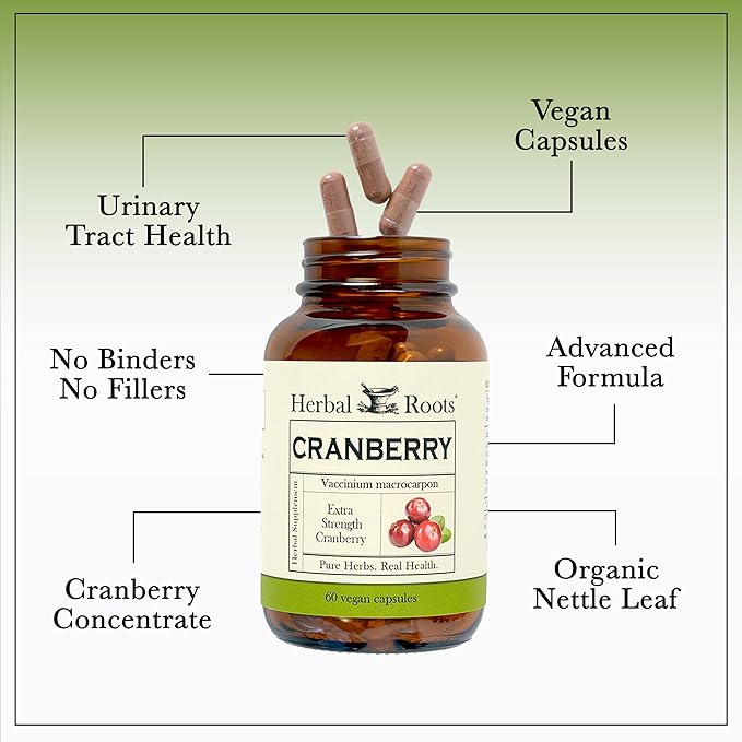 Herbal Roots Extra Strength Cranberry Pills for Women &amp Men with Organic Nettle | Urinary Tract Health | 60 Vegan Capsules