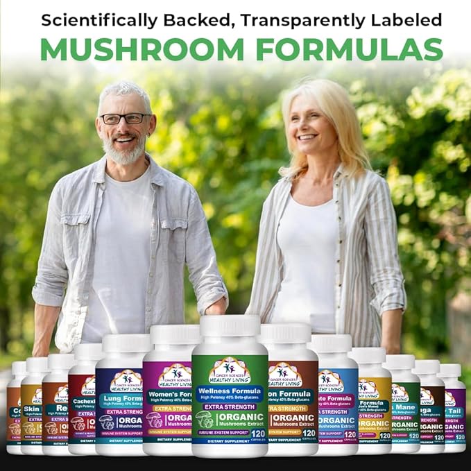 Cancer Sciences Organic Mushroom Supplement Capsules - 1500mg Non-GMO Wellness Mushroom Complex 40% Beta-Glucans -Turkey Tail Reishi Cordyceps Chaga Extract for Brain &amp Immune Support 120 Caps