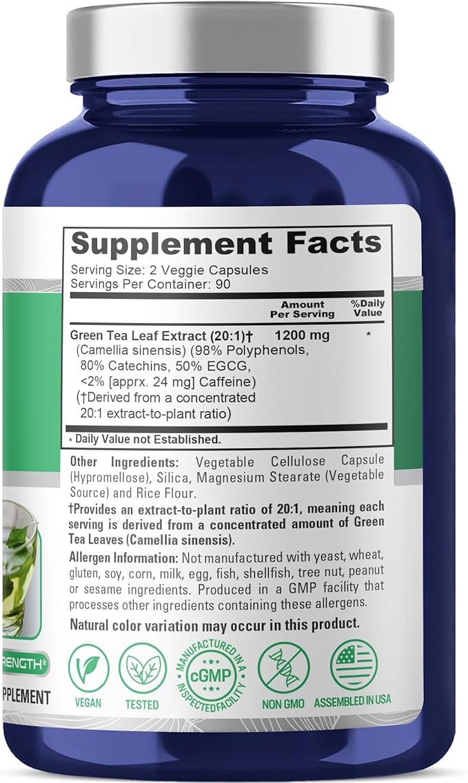 NusaPure Green Tea Capsules 1200 mg 180 Veggie Capsules (Non-GMO Vegan)