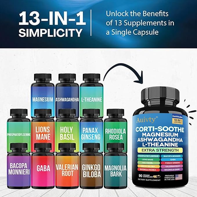 Cortisol Manager &amp Adrenal Support - Cortisol Reducer for Stress Relief Calm &amp Sleep - 13-in-1 Adaptogen with Ashwagandha &amp Magnesium - 180 Capsules (2-Pack)
