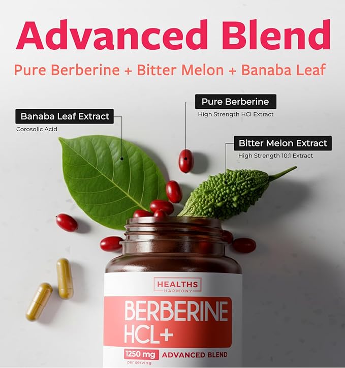 Berberine Supplement (Non-GMO &amp Vegetarian) Berberine HCL Plus Bitter Melon &amp Banaba Leaf Extract Capsules - Berberine 500mg Each 1000mg Per Serve - AMPK Metabolic Activator - 60 Caps (No Pil