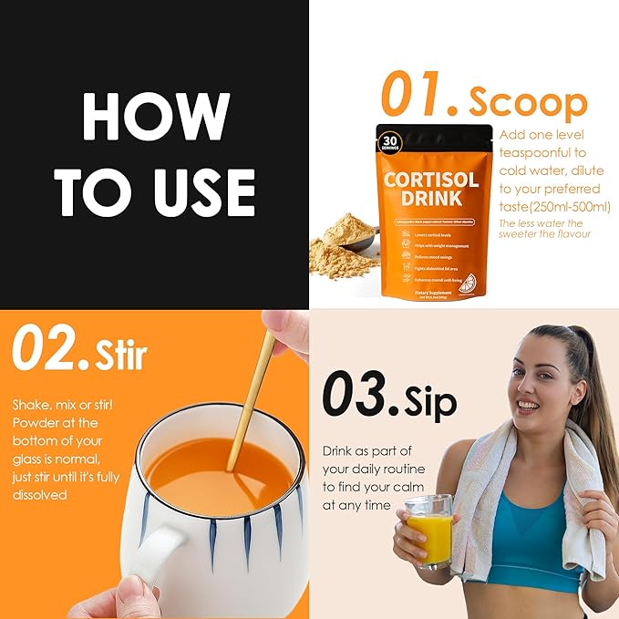 Cortisol Drink Powder - Natural Cortisol Supplements for Ashwagandha L-Theanine Turmeric Root Black Pepper Extract Relaxation Focus Mental Clarity