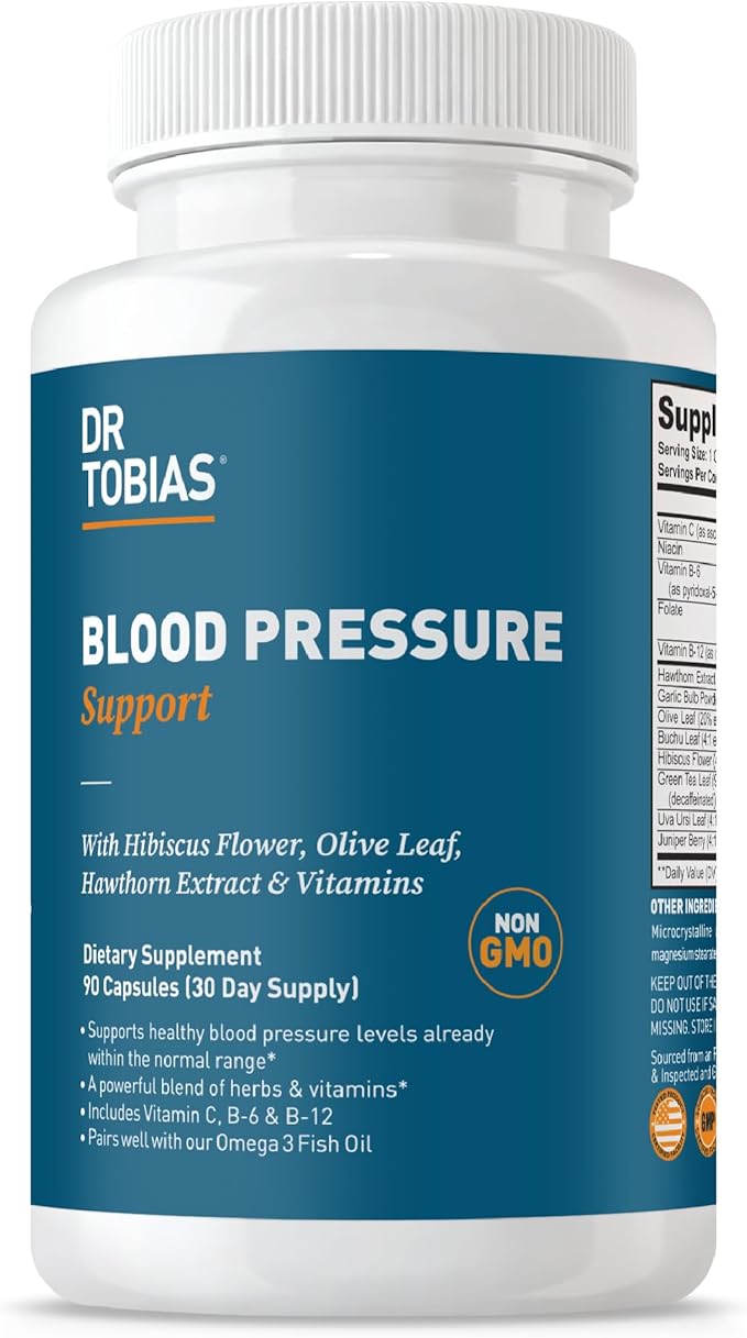 Dr. Tobias Blood Pressure Support Supplement with Hawthorn Hibiscus Flower Olive Leaf &amp Garlic Supports Normal Circulatory Health with Vitamins C B6 B12 Niacin Folate &amp Herbs 90 Capsul