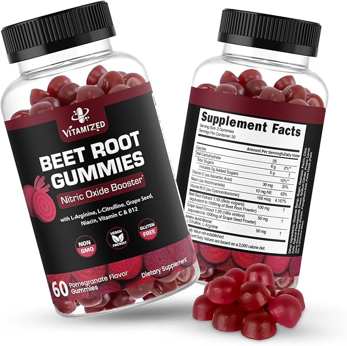 Beet Root Gummies - Super Nitric Oxide Beets Supplement - Red Beetroot Heart Chews with Grape Seed Power &amp B12- Pomegranate Flavor 60 Chewables Beets