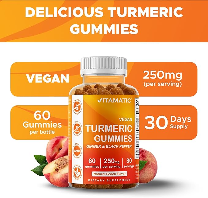 Vitamatic Turmeric Gummy with Ginger &amp Black Pepper Extract – 60 Vegan Gummies Each | 2 Pack (120 Gummies) 95% Curcuminoids – Powerful Antioxidant &amp Inflammatory Support
