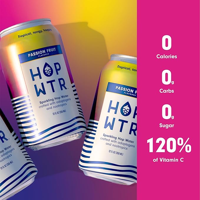 HOP WTR - Sparkling Hop Water - Passion Fruit (12 Pack) - NA Beer No Calories or Sugar Low Carb With Adaptogens and Nootropics for Added Benefits (12 oz Cans)