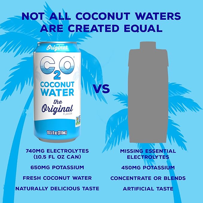 C2O - Coconut Water The Original Flavor (24 Pack 3 Boxes of 8) - Made with Fresh Coconut Water - Plant Based Non GMO Canned Water - Natural Hydration Electrolytes &amp Potassium - 24 Cans 10.5 F