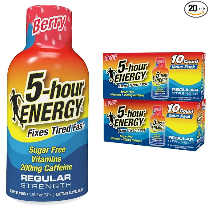 5-hour ENERGY Regular Strength Energy Shot 1.93oz 20-Pack – Sugar Free Caffeine Energy Booster with B-Vitamins &amp Amino Acids – Zero Calorie (20 Bottles – Single Flavor Berry Regular Strength)