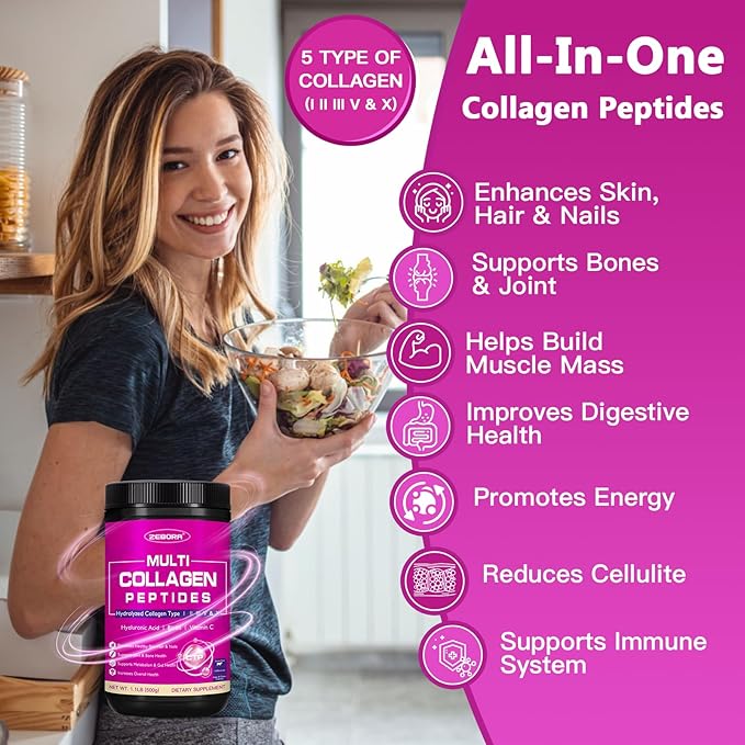 ZEBORA Collagen Peptides Powder 50 Servings - Hydrolyzed Multi Collagen Type I II III V X with Hyaluronic Acid Biotin Vitamin C - Support Skin Hair Nail Joints Unflavored Keto &amp Paleo Friendly