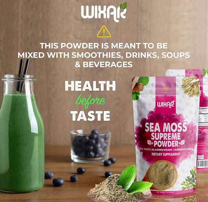 Wixar Wildcrafted Sea Moss Powder – (8 Ounces) – Natural Irish Sea Moss and Bladderwrack with Burdock Powder - Thyroid Support Healthy Skin Keto Detox Joint Support Alkaline Supplements