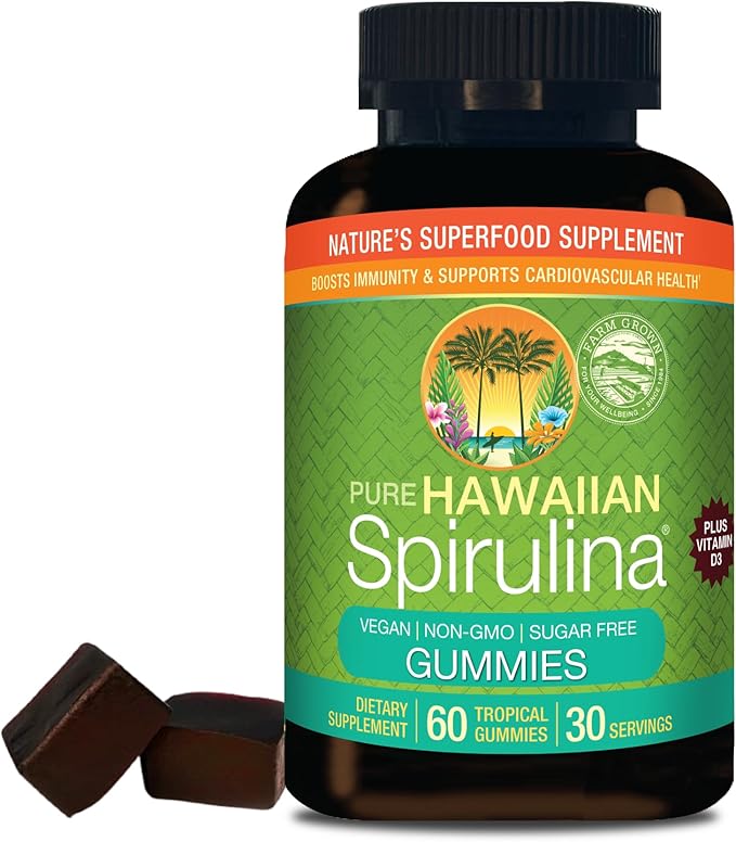 Nutrex Hawaii Pure Hawaiian Spirulina Gummies – Sugar-Free Vegan Superfood Plus Vitamin D3 Farm Grown in Kona Non-GMO 60 Count