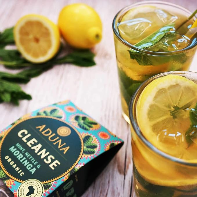 Aduna Organic Cleanse Moringa Super Tea | Natural Caffeine-Free Herbal Infusion With Moringa Peppermint &amp Nettle | Superfood Tea for Digestion &amp Gut Support | 15 Biodegradable Pyramid Bags x