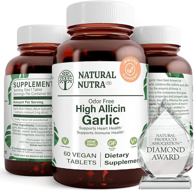 Natural Nutra High Allicin Garlic Supplement Supports Immune System Improve Heart Health Improve Enzymes Health Better Digestion Fights Cold and Flu Vanilla Coating 500mg 60 Vegan Tablets