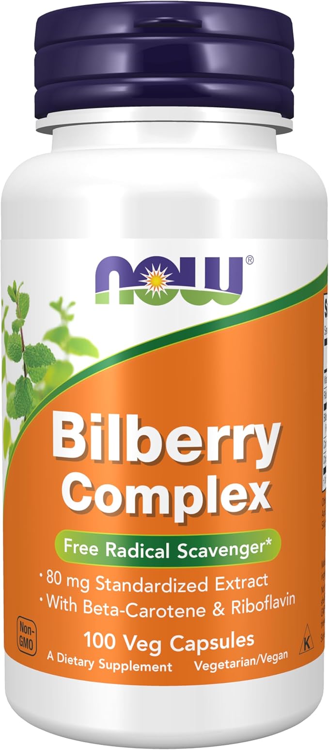NOW Foods Supplements Bilberry (Vaccinium myrtillus)Complex 80 mg with Beta-Carotene &amp Riboflavin 100 Veg Capsules