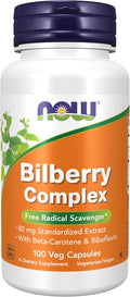NOW Foods Supplements Bilberry (Vaccinium myrtillus)Complex 80 mg with Beta-Carotene &amp Riboflavin 100 Veg Capsules