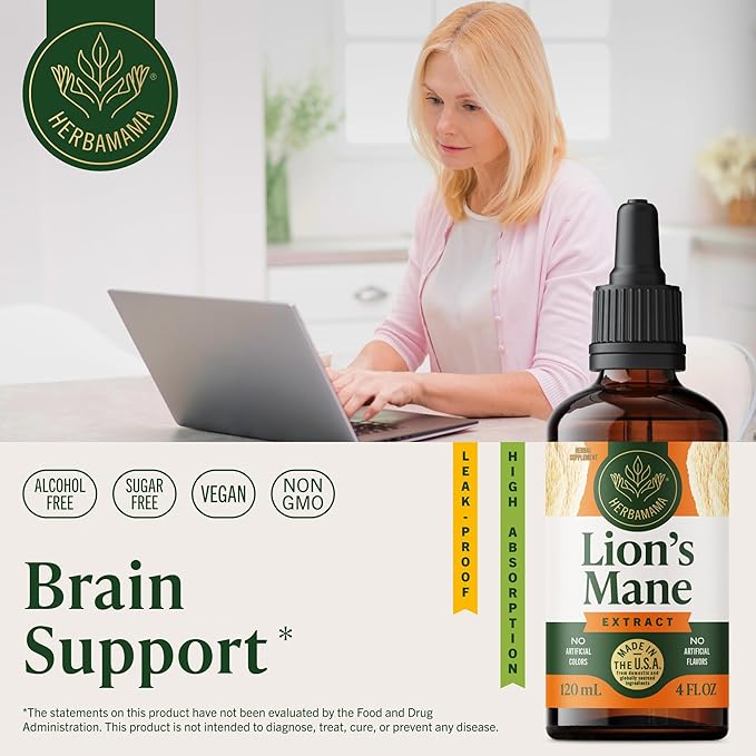 HERBAMAMA Lions Mane Tincture - Vegan Focus &amp Nerve Support with Lion's Mane Mushroom Extract - Hericium Erinaceus Brain Support Supplement - Non-GMO Alcohol &amp Sugar-Free - 84-Day Supply