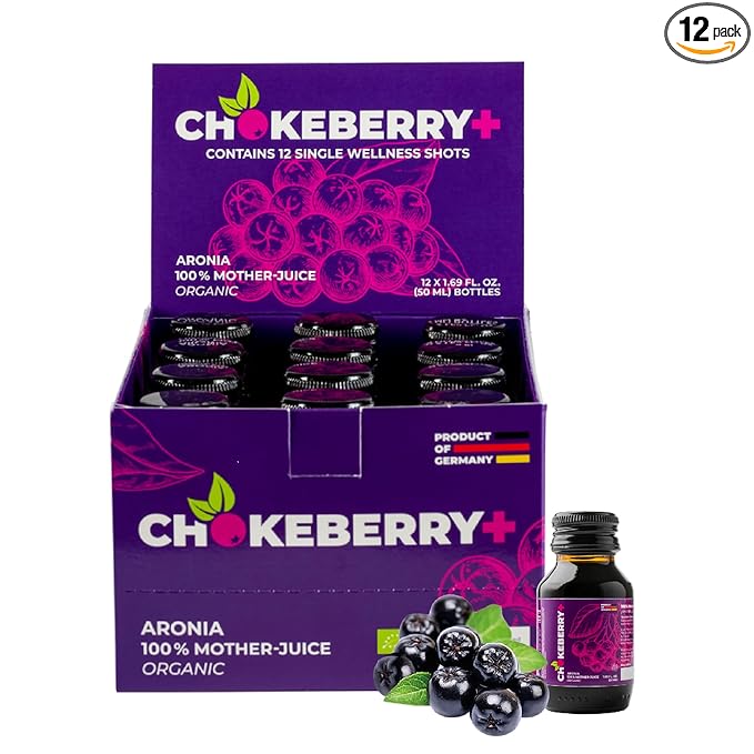 Chokeberry + Raw Aronia Juice - Rich in Antioxidant &amp 100% Organic Aronia Berry Juice Concentrate - Vegan Gluten-Free &amp No Sugar Added - First-Press Mother Juice - 12 x 50ml Shots