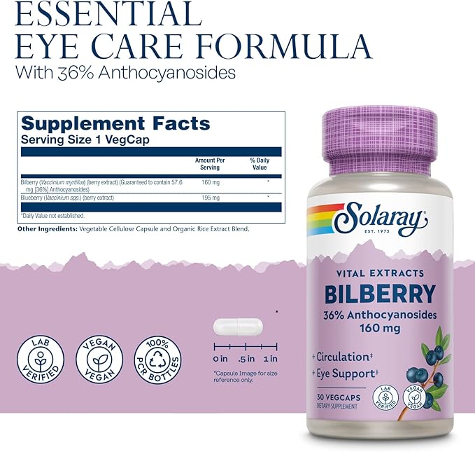 SOLARAY Bilberry Extract 160 mg Eye Health &amp Circulation Support 36% Anthocyanosides Plus Blueberry Vegan 30 VegCaps