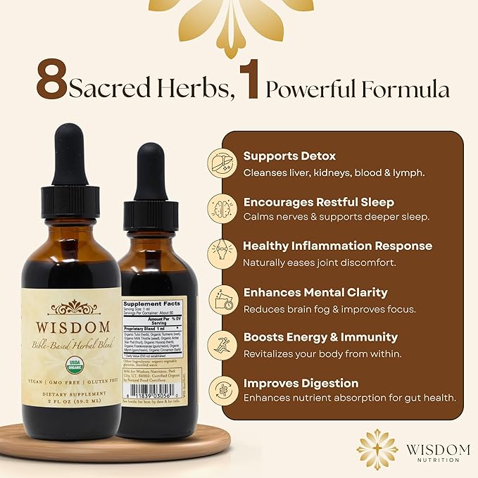 Organic Turmeric Frankincense and Myrrh – Herbal Supplement Blend for Energy Detox Focus Immunity &amp Stress – Non-GMO Vegan Tonic with Milk Thistle – Wisdom Bible Based Blend – 2oz Liquid Drops
