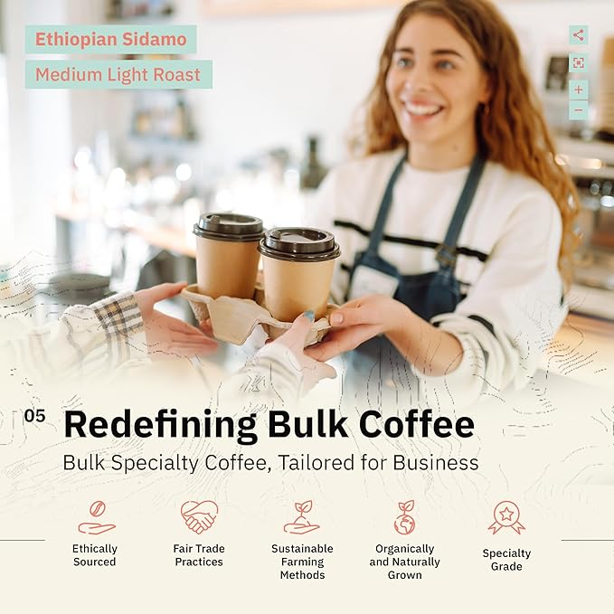 Ethiopian Sidama Coffee Beans - Single Origin Medium Light Roast Freshly Roasted To Order Fine Espresso Grind Coffee Specialty Grade Fair Trade and Non-GMO Chocolate and Fruity Notes - 5LB