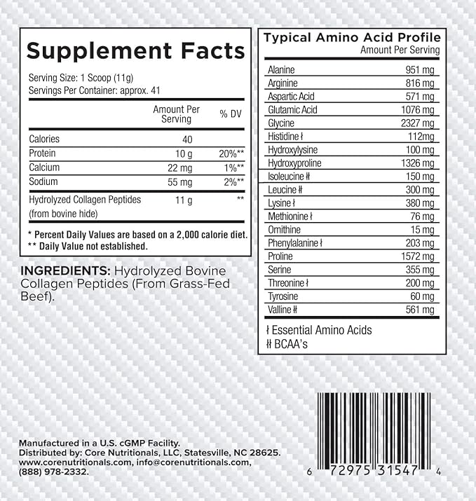 Core Nutritionals Hydrolyzed Collagen Peptides | Type I &amp III from Grass Fed Bovine | Hair Skin &amp Nails | Bone &amp Joint Support | 1 Pound (Peach Mango)