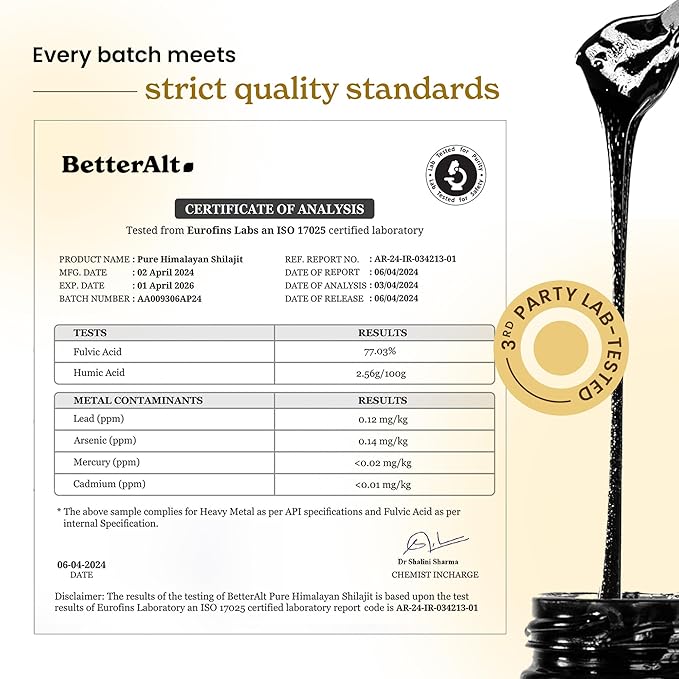 Better Alt Pure Himalayan Shilajit Resin Pack of 1 High Potency Gold Grade 75 Servings for Energy Boost &amp Immune Support 85+ Trace Minerals 75%+ Fulvic Acid with Lab Test Report400 mg