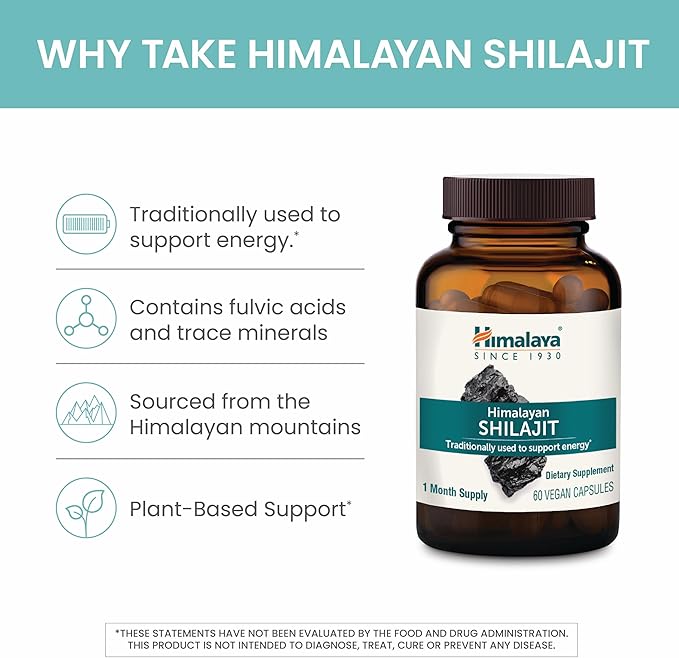 Himalaya Shilajit - Herbal Energy Supplements with Fulvic Acid and 85+ Trace Minerals from Shilajit Resin Vegan Non-GMO Gluten Free 250 mg 60 Capsules