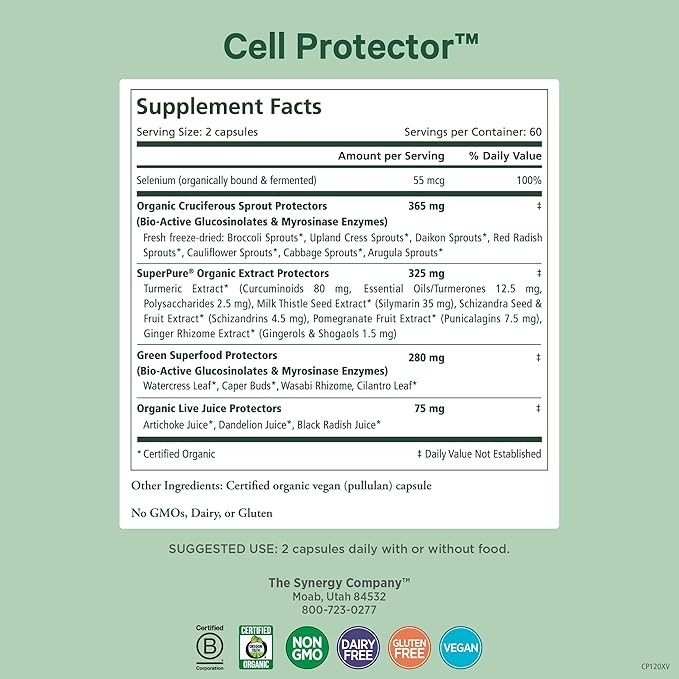 PURE SYNERGY Cell Protector | Cellular Health Supplement | Cell and Immune Support with Selenium and Organic Cruciferous Vegetables | for Healthy Aging &amp Detoxification (120 Capsules)