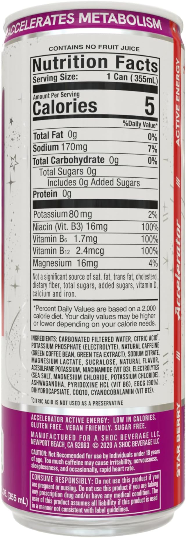 Accelerator Energy Drink Star Berry 12oz can (12 pack) Zero Sugar Sustained Energy from 100% Natural Caffeine (200mg from Green Coffee Bean &amp Green Tea extract)