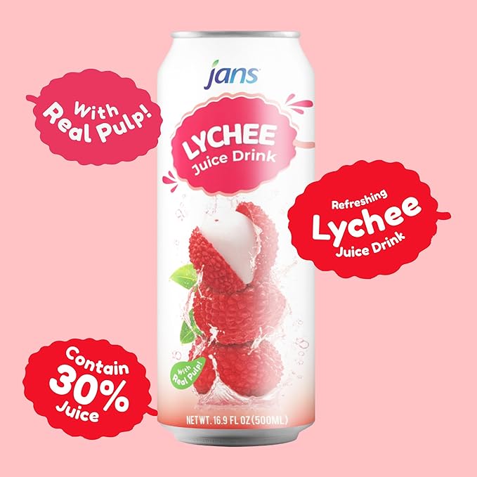 Jans Soursop &amp Lychee Juice with Pulp 16oz (Pack of 24) 100% Natural Juice Drinks