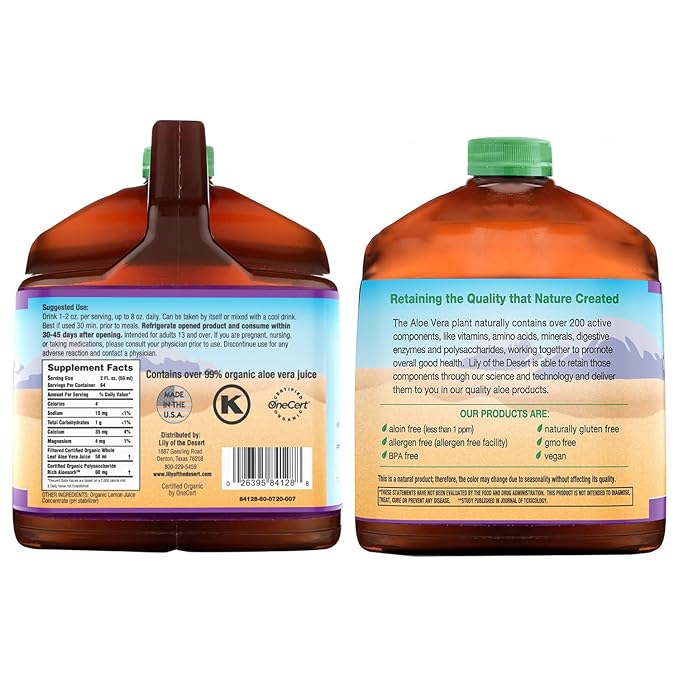 Lily of the Desert Aloe Vera Juice Preservative Free Whole Leaf Filtered Aloe Vera Drink 128 Fl Oz with Cup Bottle