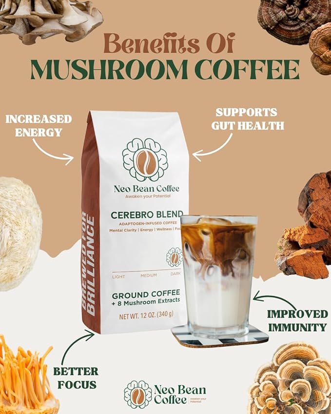 Neobean Cerebro Blend 12 oz Bag - Freshly Roasted Specialty Coffee with 8 Adaptogen Mushrooms - Mushroom Coffee