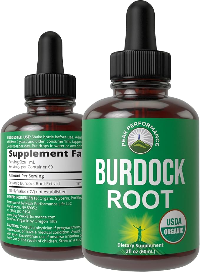 Peak Performance USDA Organic Burdock Root Liquid Drops Supplement - Vegan Extract Oil Herb Tincture for Women and Men - Zero Sugar Gluten Free Non-GMO Supplements - 2 fl oz