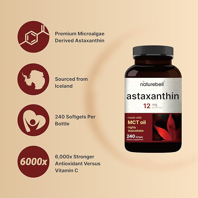 NatureBell Maximum Strength Astaxanthin 12mg 240 Softgels - 4 Month Supply - Natural Antioxidant from Haematococcus Pluvialis Microalgae | Non-GMO Gluten Free