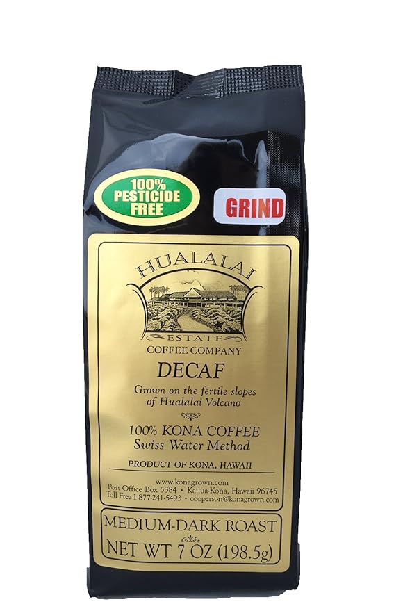Hualalai Estate Decaf Kona Coffee Grounds - Medium Dark Roasted Hawaiian Grown Beans - Decaffeinated Pesticide-Free Premium Coffee (7 oz)