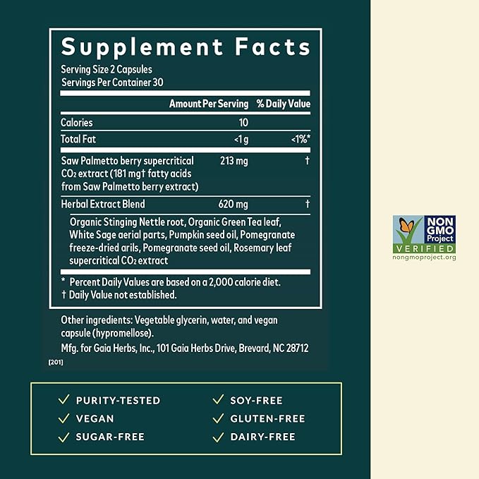 Gaia Herbs Prostate Health - Supports Prostate Health and Function for Men - with Saw Palmetto Green Tea Nettle Root and White Sage* - 60 Vegan Liquid Phyto-Caps (30 Servings)