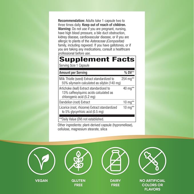 Nature's Way Super Milk Thistle Promotes Healthy Liver Function* With Artichoke Leaf Dandelion Root &amp Licorice Root Extracts Milk Thistle Extract Gluten Free 120 Capsules (Packaging May Vary