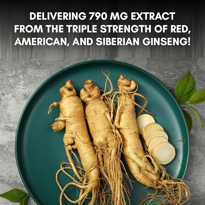 Pure Nutrition Triple Ginseng 650mg | 120 Caps | Complex for Men and Women | Highly Effective Combination of Red American and Siberian Ginseng. Non GMO
