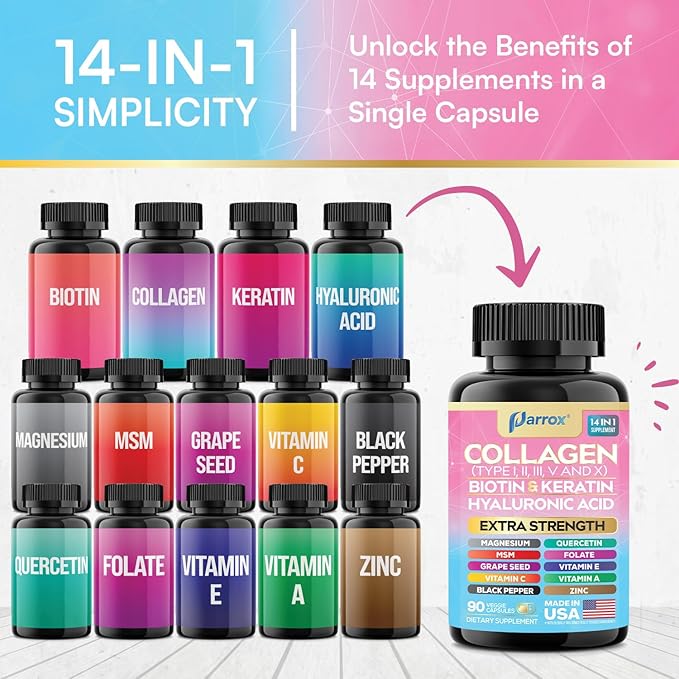 Collagen Peptides Types I II III V &amp X MCG Biotin Keratin Hyaluronic Acid MSM Zinc Grape Seed Extract Quercetin Vitamin A Vitamin C Vitamin E Magnesium Folic Acid (90 Capsules)