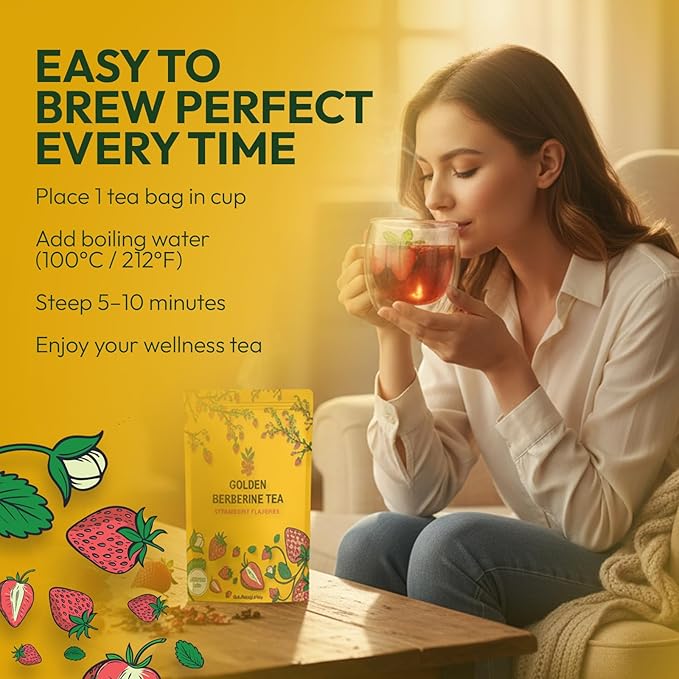 Berberine Tea 45g Natural Organic Caffeine-Free Blend Non-GMO Herbal in Plastic-Free Stand Alone Pouch Delicious Antioxidant for Immune Support (Strawberry)