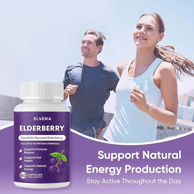 Elvera Elderberry Gut Support Complex - Organic Black Elderberry Soft Capsules with Zinc &amp Vitamin C – Immune Support Digestive Balance Natural Energy Daily Immune &amp Digestive Wellness 60