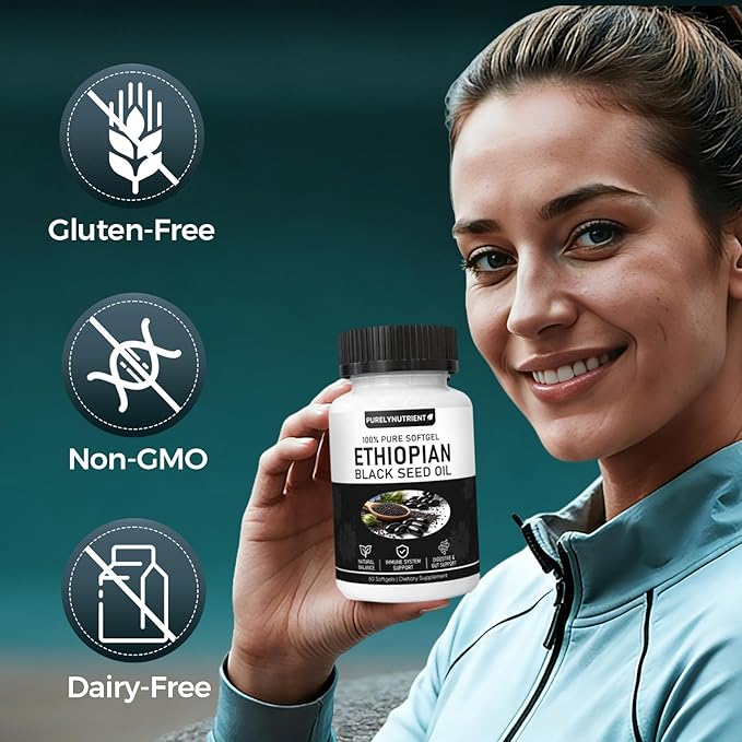 PURELYNUTRIENT Ethiopian Black Seed Oil Capsules with 4.64% Thymoquinone Immune Support &amp Digestion &amp Energy Booster Non-GMO Gluten-Free 60 Count
