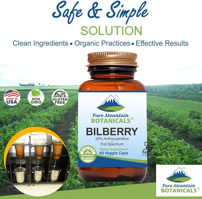 Pure Mountain Botanicals Bilberry Extract Supplement Vegan Kosher Capsules with 250mg Organic Bilberry Leaf &amp 50mg Potent Extract of Billberries