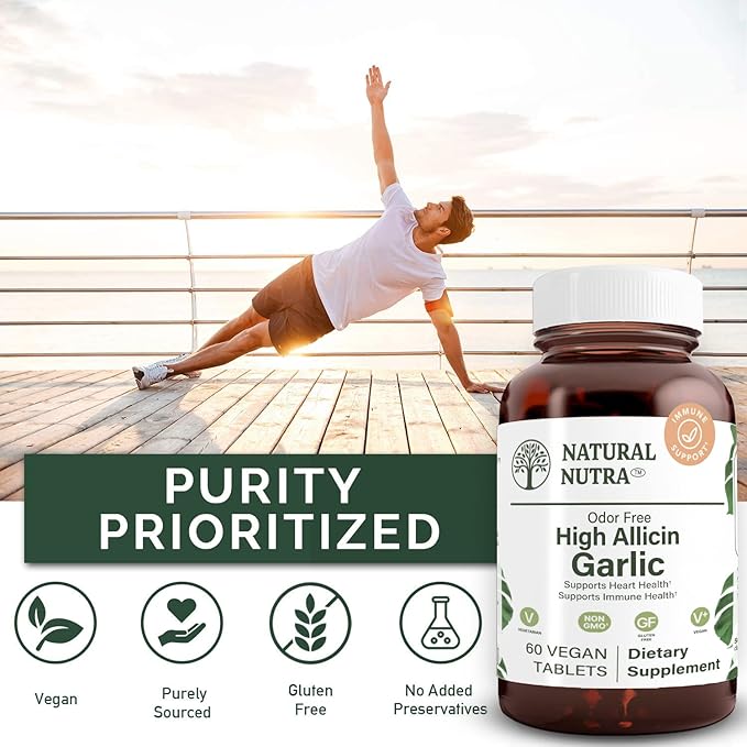 Natural Nutra High Allicin Garlic Supplement Supports Immune System Improve Heart Health Improve Enzymes Health Better Digestion Fights Cold and Flu Vanilla Coating 500mg 60 Vegan Tablets