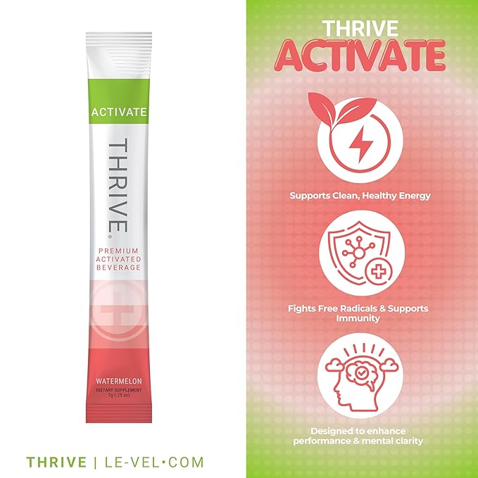 Thrive Activate - Focus &amp Energy Drink Powder Mix with Real Flavor 30 Packets- Enhanced Energy Performance Vitamin C Vitamin E B12 for Mental Clarity (30 Packet Watermelon)