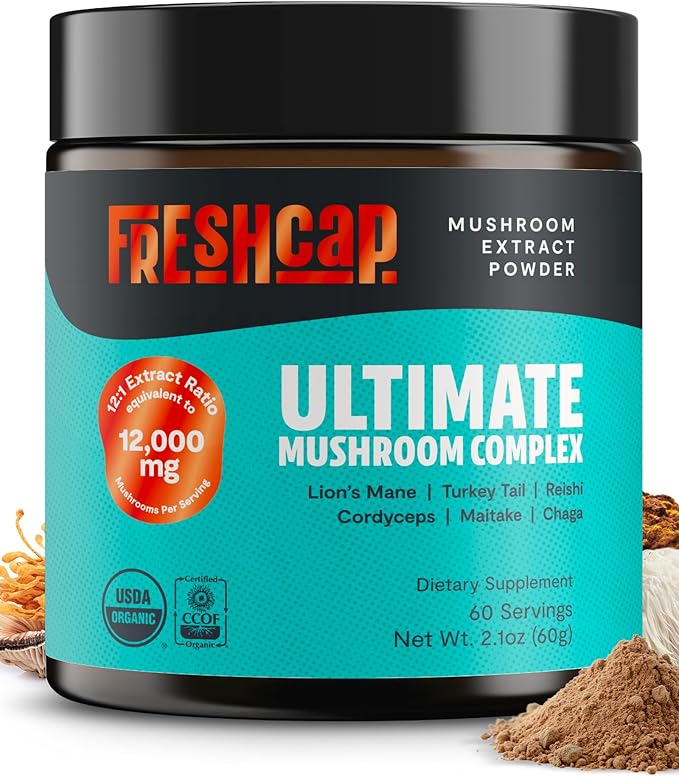 FreshCap Mushrooms Ultimate Mushroom Supplement Powder 12000mg - Nootropic Organic Mushroom Complex for Focus &amp Memory Brain Support Supplement Ayurveda Mushroom Powder Extract (60 Servings)