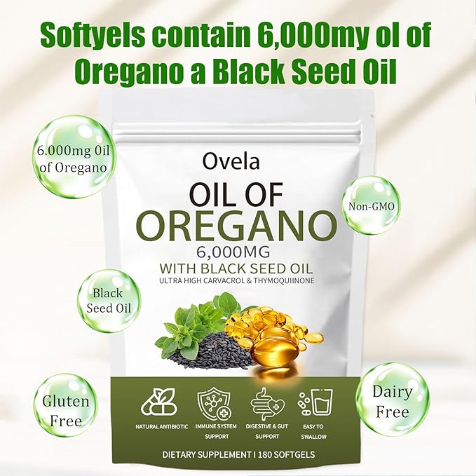 Ovela Oil of Oregano with Black Seed Oil Oil of Oregano Softgels 6000mg Pure &amp Natural Supplement Immune Support | Improving Gut Health | Boosts Energy Non-GMO Gluten Free (1)
