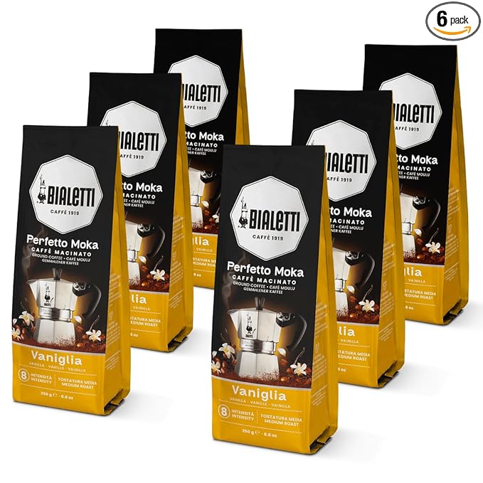 Bialetti - Perfetto Moka Vaniglia: Gemahlener Kaffee mit mittlerer Röstung Vanille-Aroma 250g x 6 Beutel mit Aromaventil