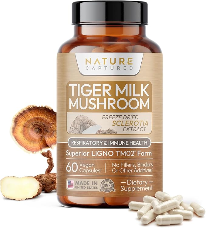 Tiger Milk Mushroom Extract (Lignosus rhinocerus) - Premium LiGNO TM02® - &gt30% Polysaccharides - Lungs &amp Respiratory Support - Cognitive &amp Immune Health - 60 Capsules - Vegan - Zero Additiv