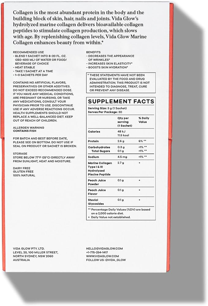 Vida Glow Marine Collagen Powder - Anti Aging Supplement with Collagen Peptides Promotes Glowing Skin Strong Nails Healthy Hair | 30 Servings Peach Flavor